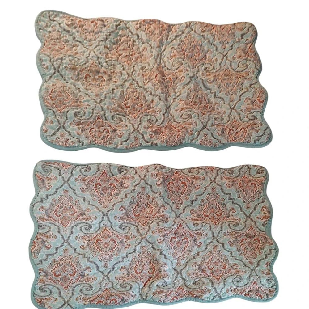 Aqua Paisley Quilted Bedspread‎ Two Pillow Shams Reversible Queen 90x88 SEE